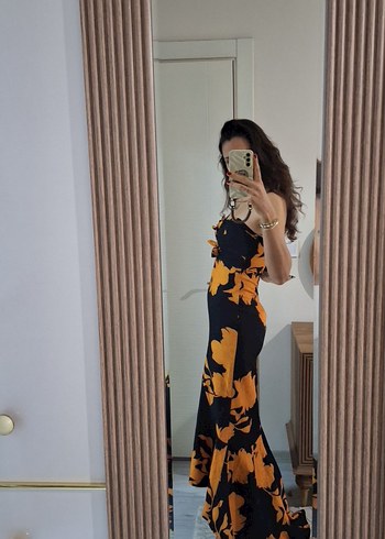 Sarı Siyah Straplez Uzun Elbise - Görsel 2