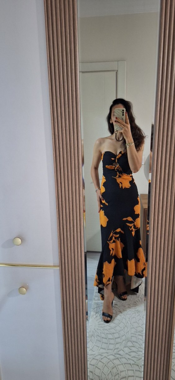 Sarı Siyah Straplez Uzun Elbise - Görsel 4