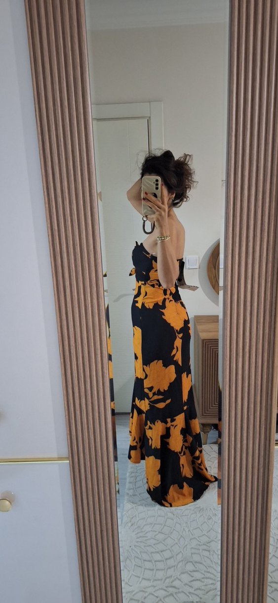 Sarı Siyah Straplez Uzun Elbise - Görsel 5