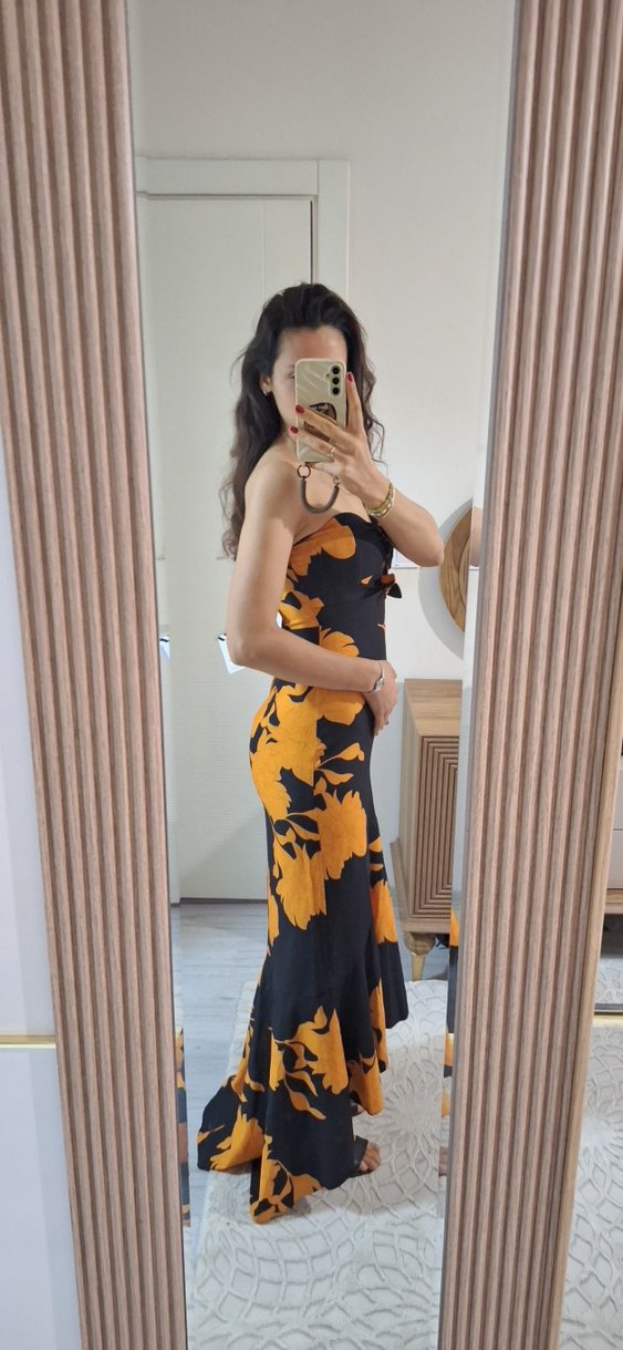 Sarı Siyah Straplez Uzun Elbise - Görsel 3