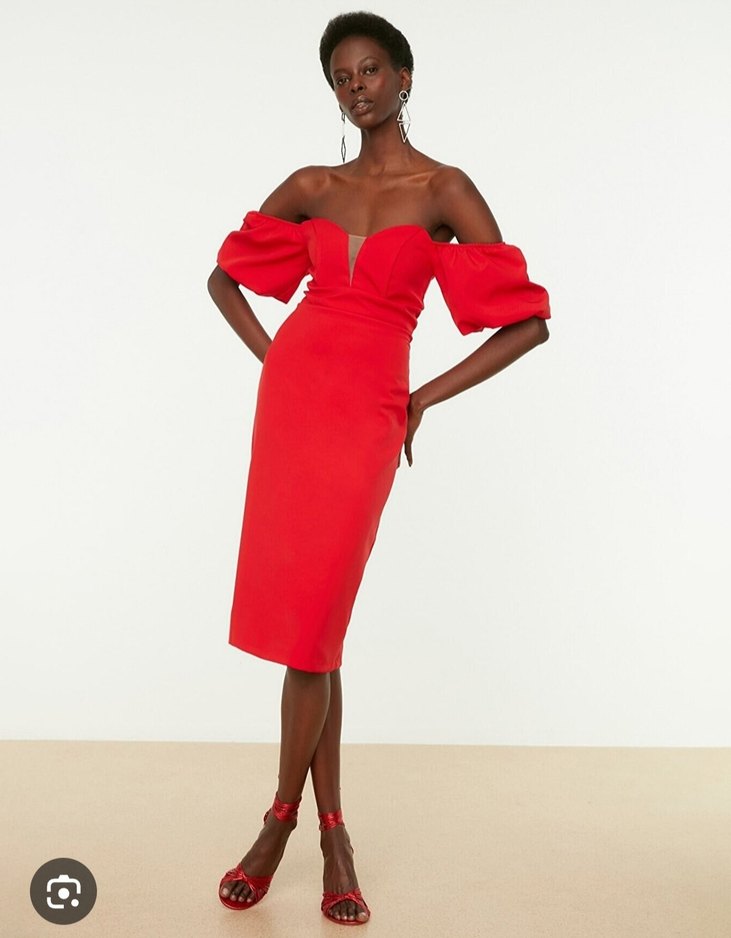 Kırmızı Midi Boy Kadın Kalem Elbise - Görsel 2