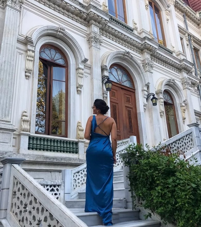 Mavi Yırtmaçlı Saten Abiye - Görsel 2