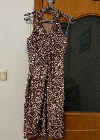 Deri Desenli Parlak Kahverengi Midi Elbise - Görsel 6