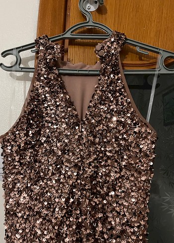 Deri Desenli Parlak Kahverengi Midi Elbise - Görsel 7