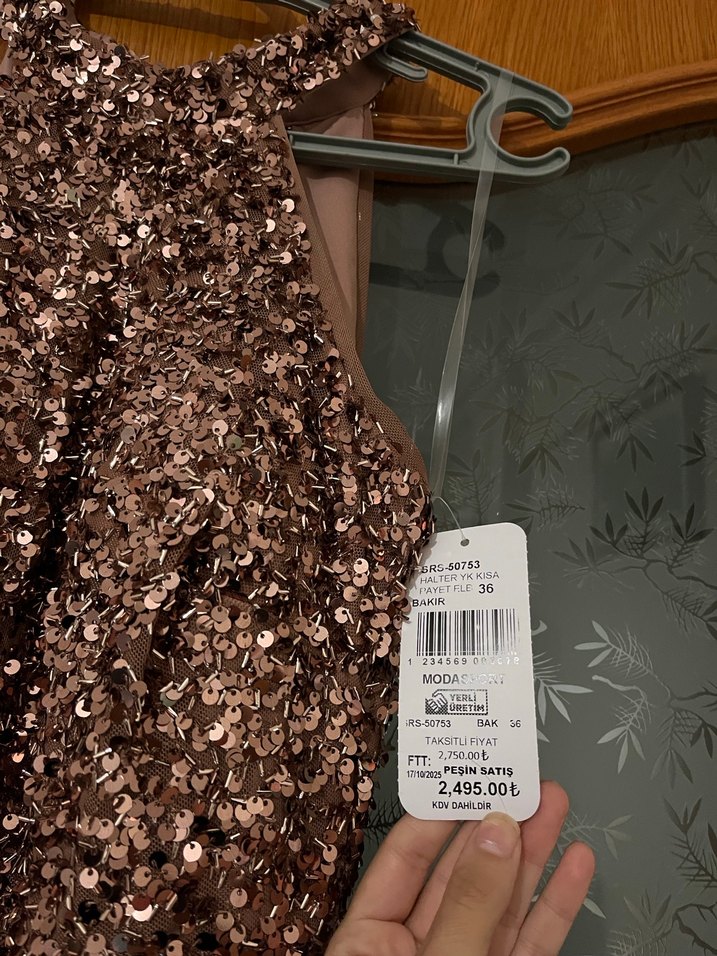 Deri Desenli Parlak Kahverengi Midi Elbise - Görsel 5