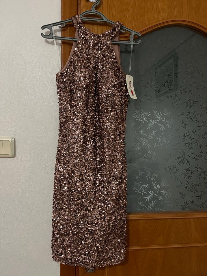 Deri Desenli Parlak Kahverengi Midi Elbise - Görsel 3