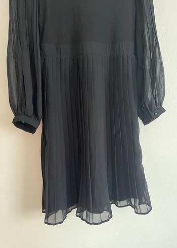 Uzun Kollu Pilili Midi Siyah Elbise - Görsel 3