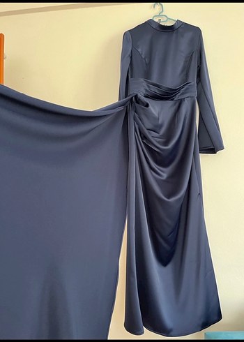 Lacivert Uzun Kol Drapeli Abiye Elbise - Görsel 3