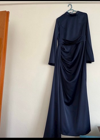 Lacivert Uzun Kol Drapeli Abiye Elbise - Görsel 2