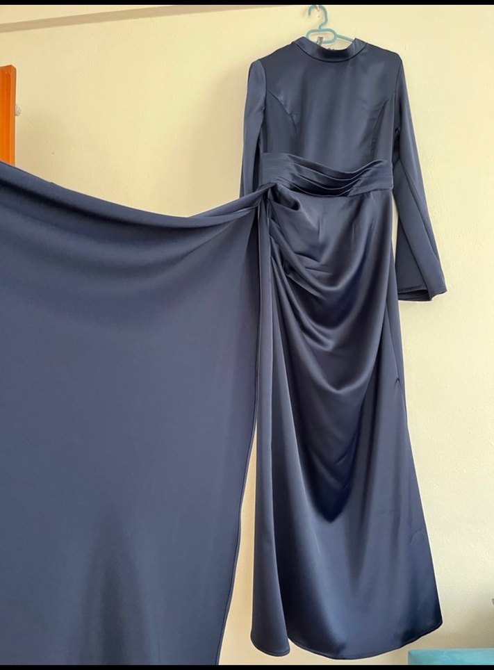 Lacivert Uzun Kol Drapeli Abiye Elbise - Görsel 3