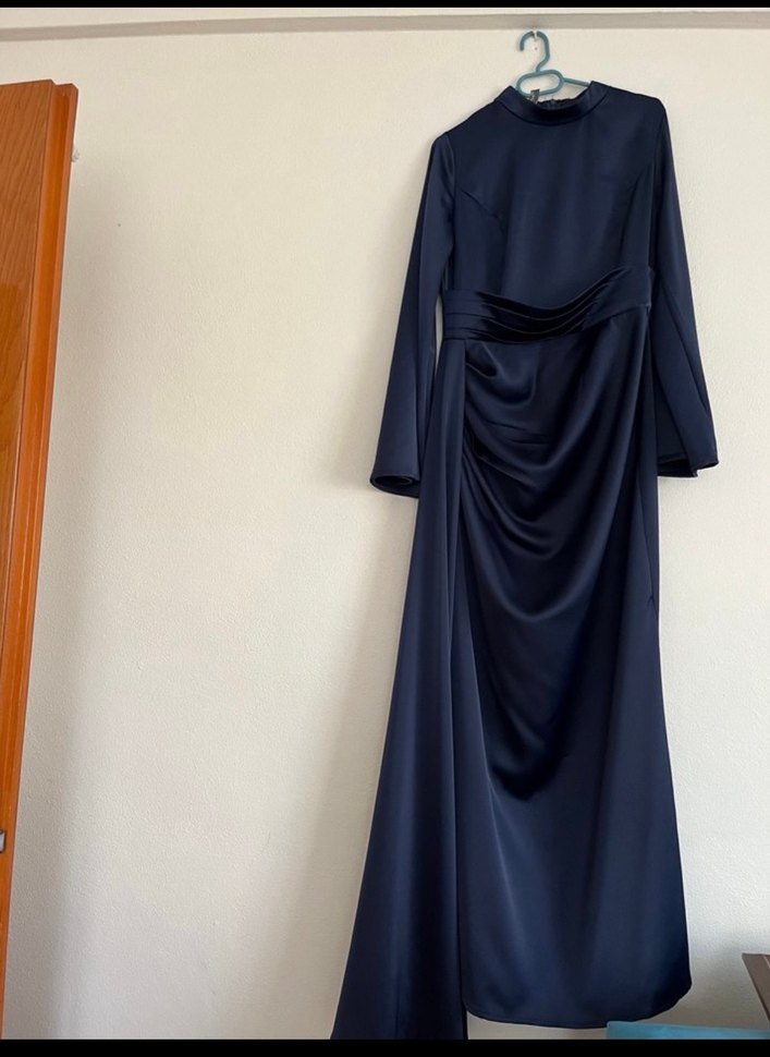 Lacivert Uzun Kol Drapeli Abiye Elbise - Görsel 2