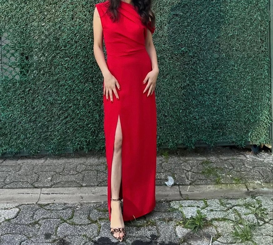 Drapeli Uzun Kırmızı Elbise - Görsel 2