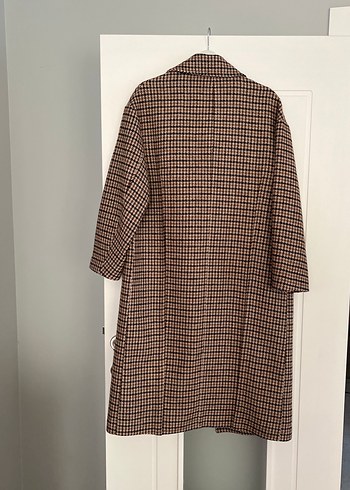 Kahverengi Ekose Desenli Midi Kadın Yün Kaban - Görsel 3