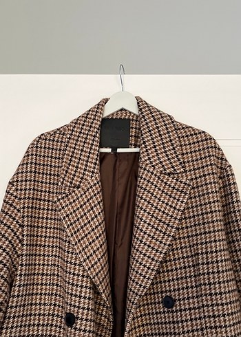 Kahverengi Ekose Desenli Midi Kadın Yün Kaban - Görsel 2