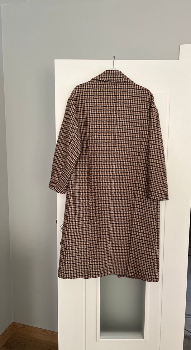 Kahverengi Ekose Desenli Midi Kadın Yün Kaban - Görsel 3