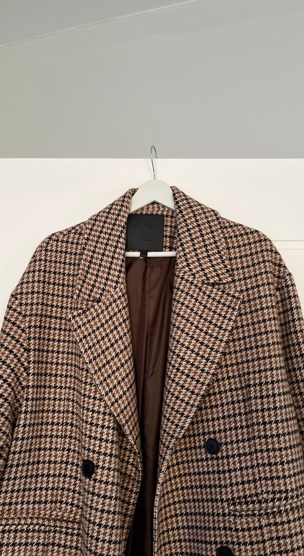 Kahverengi Ekose Desenli Midi Kadın Yün Kaban - Görsel 2