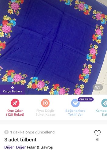 Pembe Çiçek Desenli 3 Adet Tülbent - Görsel 2