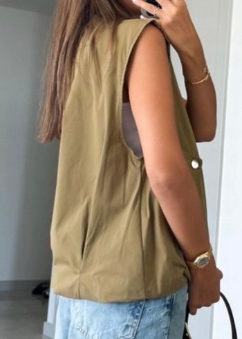 Bej Kemerli Kolsuz Midi Kadın #Yelek - Görsel 5