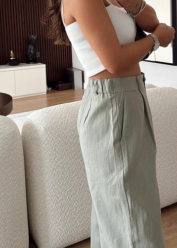 Haki pileli Keten Pantolon - Görsel 2