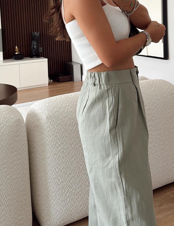 Haki pileli Keten  Pantolon - Görsel 2