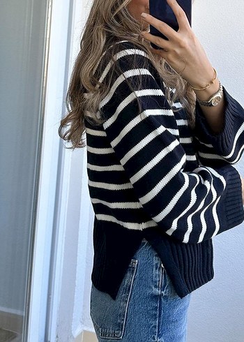 Lacivert Beyaz Çizgili Kadın Triko Kazak - Görsel 2