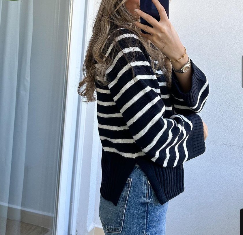 Lacivert Beyaz Çizgili Kadın Triko Kazak - Görsel 2