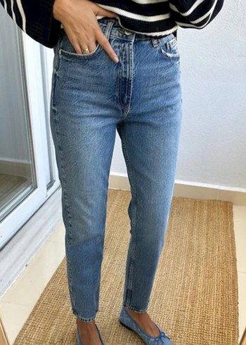 Yüksek bel orta mavi mom jean - Görsel 4