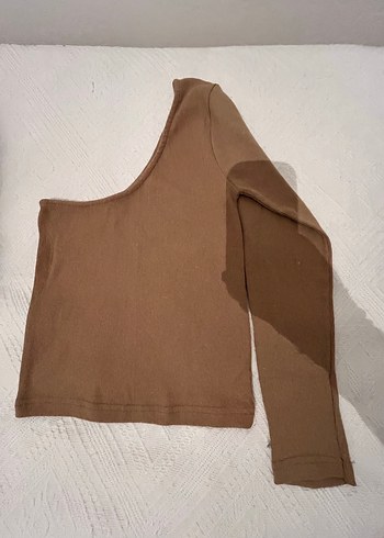 Camel Tek Omuzlu Uzun Kollu Keten Bluz
