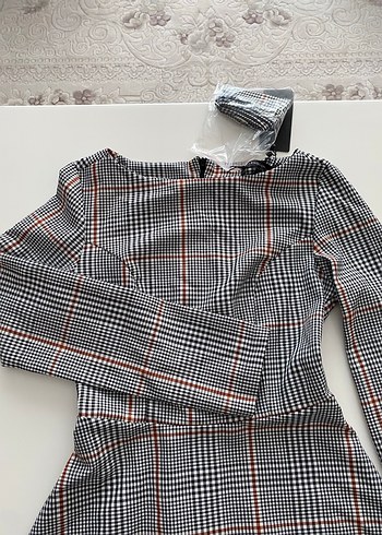 Gri Ekose Midi Uzun Kollu Elbise - Görsel 4