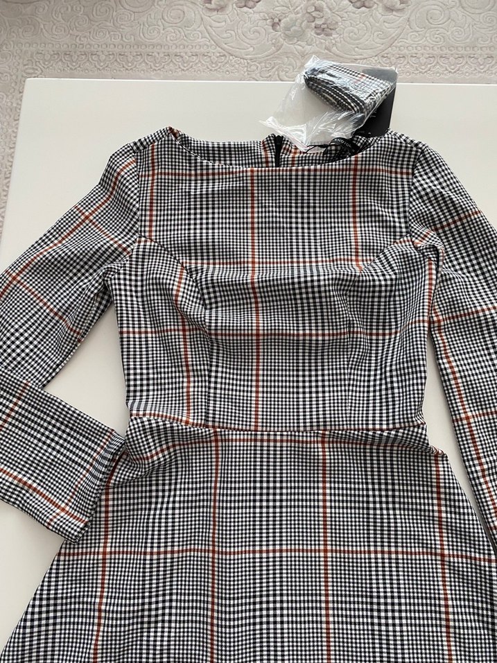 Gri Ekose Midi Uzun Kollu Elbise - Görsel 5