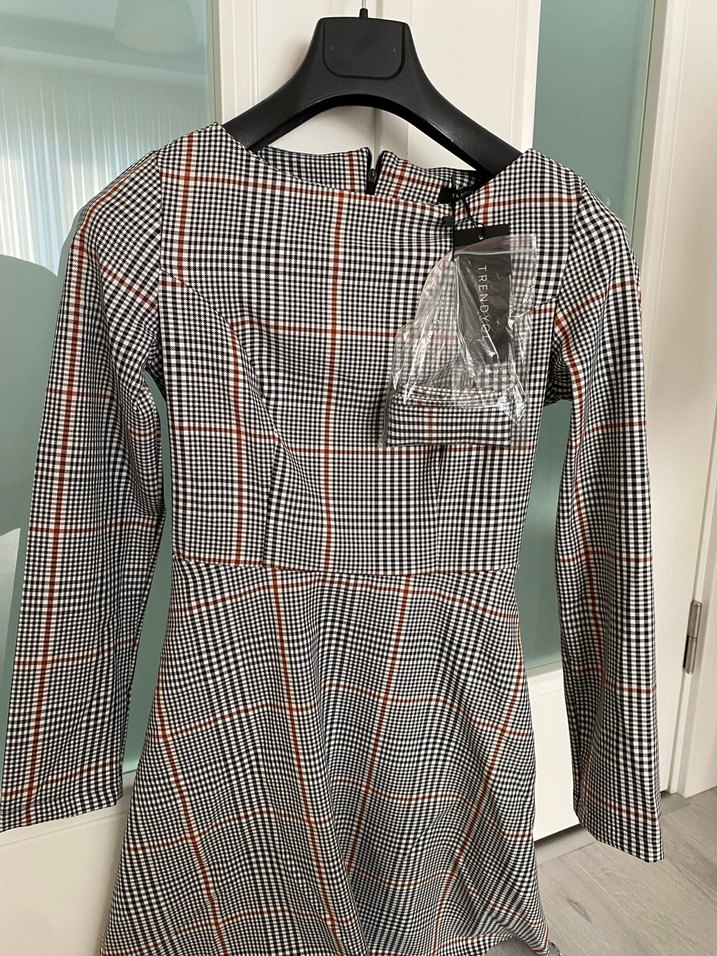 Gri Ekose Midi Uzun Kollu Elbise - Görsel 2