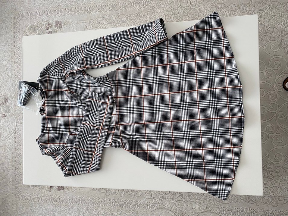 Gri Ekose Midi Uzun Kollu Elbise - Görsel 3