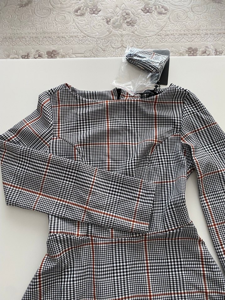 Gri Ekose Midi Uzun Kollu Elbise - Görsel 4