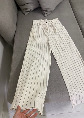 Diğer Kadın Pilili Çizgili Keten Pantolon