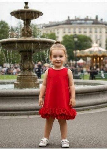 Kız Çocuk Kırmızı Fırfırlı Kolsuz Elbise - Görsel 3