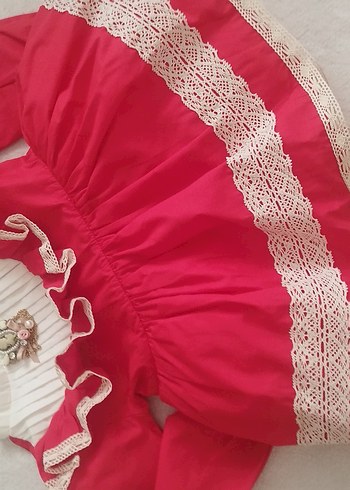 Kırmızı Fırfırlı Vintage kız çocuk elbise - Görsel 7