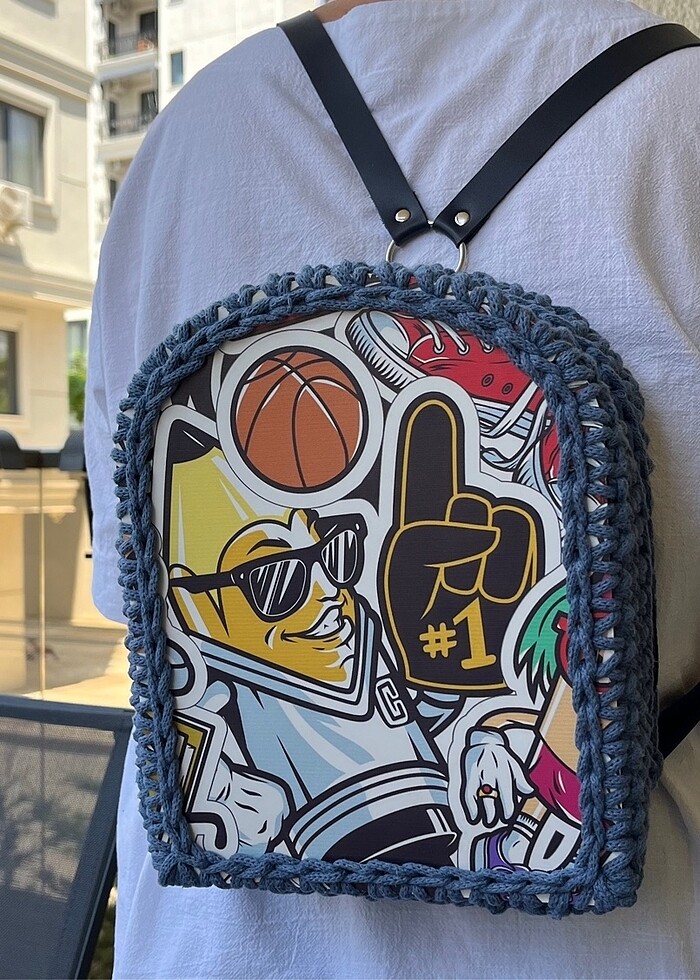 Ahşap plaka örgü sırt çantası - Görsel 5