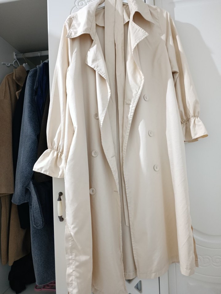 krem Uzun Kadın Trençkot - Görsel 3