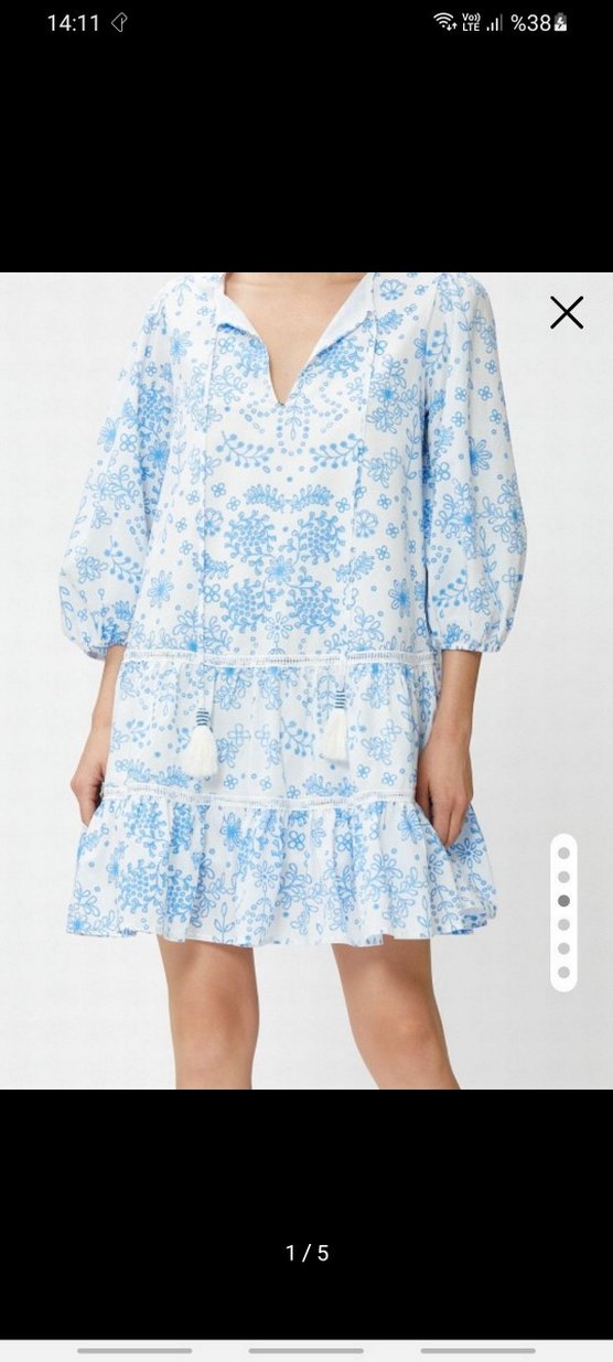 koton kadin Mavi Mini Katlı Balon Kollu Elbise - Görsel 2