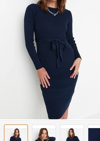 Lacivert Kadın Triko Kemerli Midi Elbise - Görsel 2