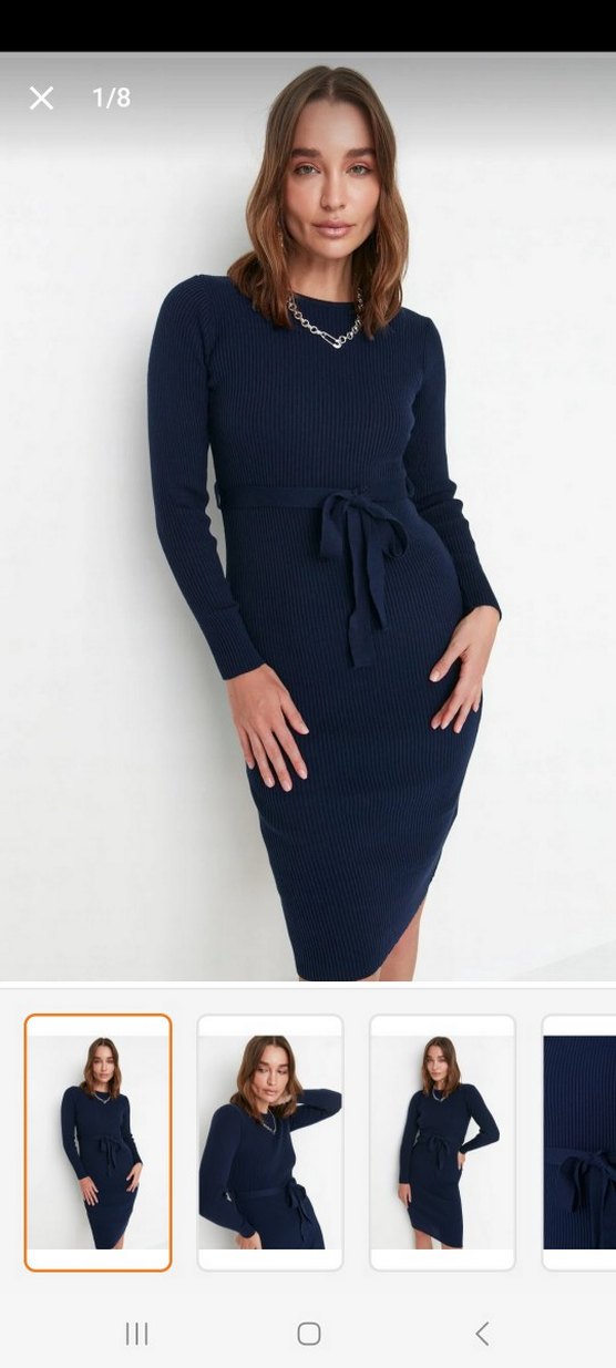 Lacivert Kadın Triko Kemerli Midi Elbise - Görsel 2