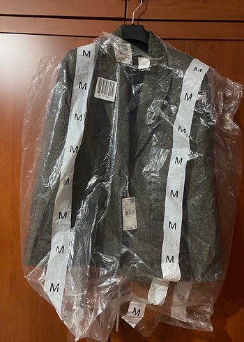 m Beden Kadın Gri Keten Düğmeli Ofis Ceketi