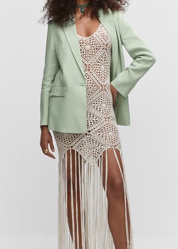 Mango Bej Dantel Detaylı Uzun Kadın Blazer