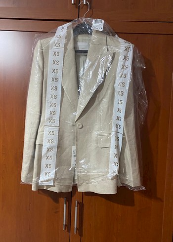 l Beden Bej Keten Kadın Blazer Ceket