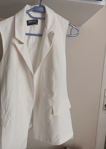 Kadın Beyaz Kolsuz Düğmeli Blazer Ceket - Görsel 5