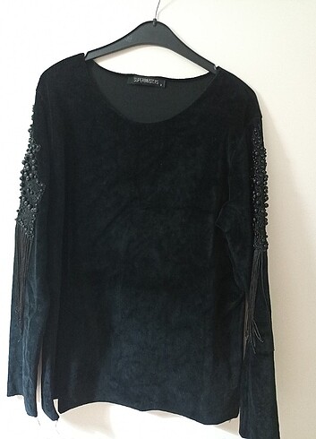 Kol detaylı kadife bluz - Görsel 4