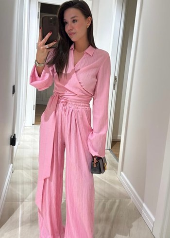 Pembe Pilili Uzun Kollu Kadın Takım