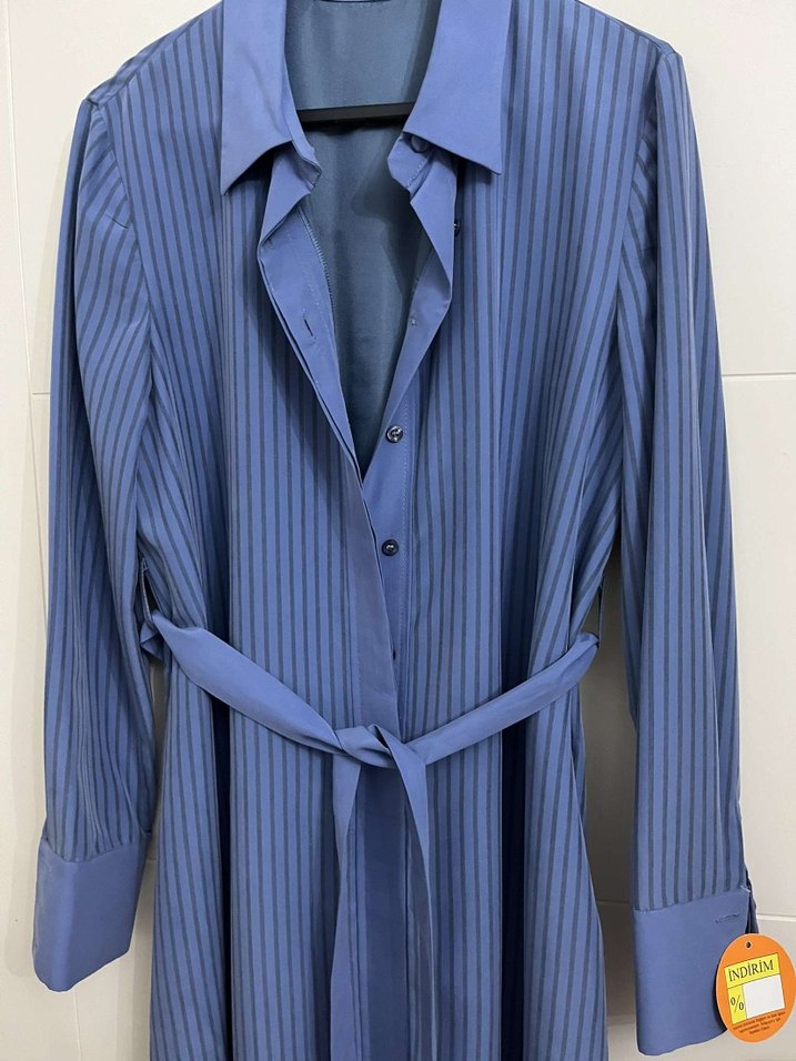 Uzun Kollu Mavi Kadın Gömlek Elbise - Görsel 2