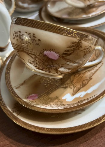 Japon,Bej ve pastel renkli porselen çay seti - Görsel 2