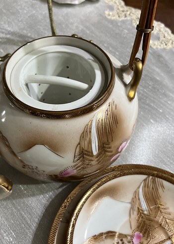 Japon,Bej ve pastel renkli porselen çay seti - Görsel 4